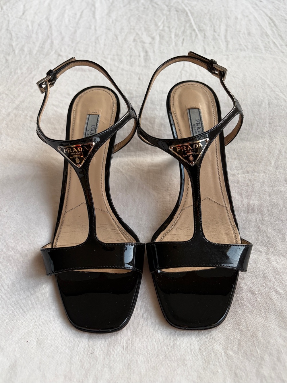 Vintage Prada Triangle Logo Patent Leather T Strap Heels Black Silver 90s